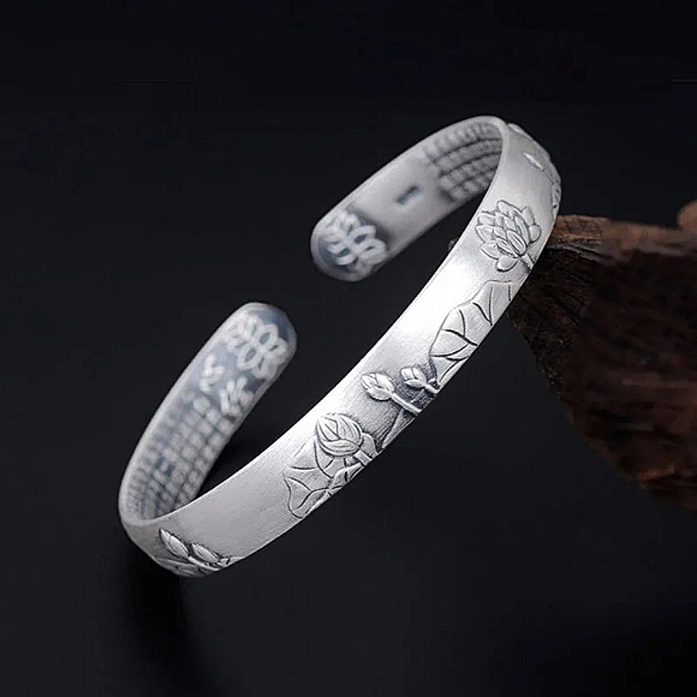 NEW Brushed 999 Pure Silver Lotus Flower Heart Sutra Bracelet - Picture 2 of 11